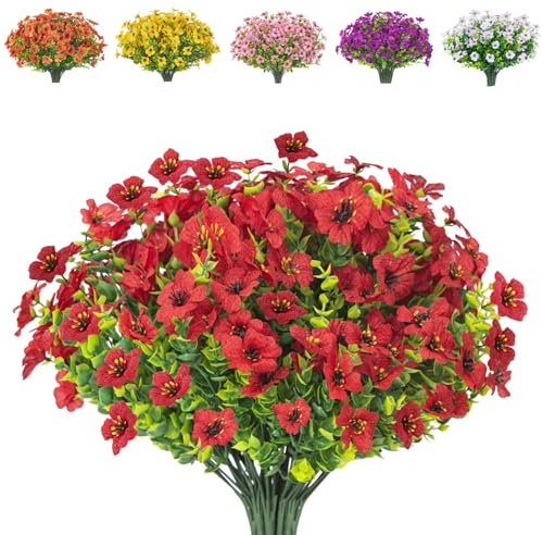 AIOR 10 Piezas Flores Artificiales de Seda Flor Falsas en Interiores y Exteriores, Arbustos Resistentes a Los Rayos UV Plantas para Colgar, para Casa Jardín Ventana Boda Decoración (Rojo)