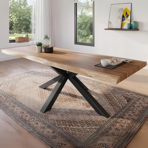 trelevo Esszimmertisch 300x100 cm, Akazienholz massiv, Tischplatte naturfarben, echte Baumkante, Spider Gestell schwarz, Baumkantentisch