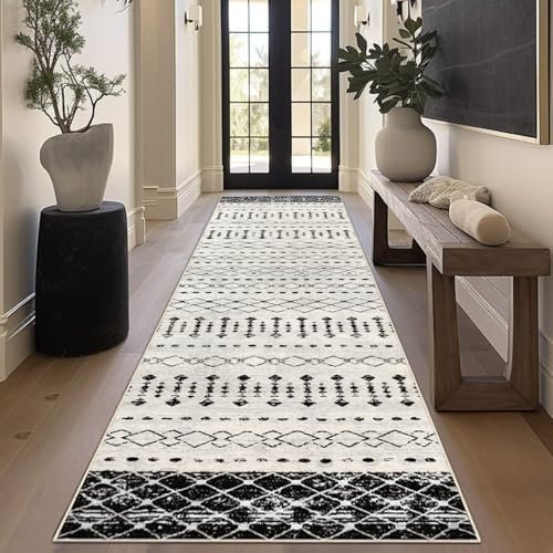 Homcomodar Teppich Läufer 80x300cm Boho Teppich Läufer Flur Küchenläufer rutschfest Läufer Flur Kurzflor Küche Schlafzimmer Wohnzimmer(Schwarz/Weiß)