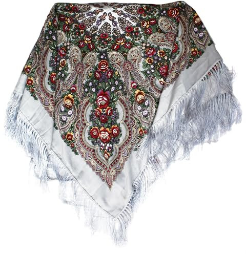 N_FROMM Schal für Frauen traditioneller russischer ukrainischer Retro-Stil bedruckt quadratisch mit Fransen floral Tuch 110cm*110cm (Grau)