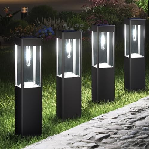 Joomer Lampade Solari da Giardino, 4 Pezzi LED Luci Solari Esterno per Prato Quadrate, Impermeabile Luci Solari da Giardino con Lampadina per Corte Terra Cortile Vialetto, Bianca