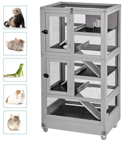 Akinerri Großer Meerschweinchenkäfig,5 Levels Hölzerner Frettkäfig mit Rädern, Chinchilla Käfig Upgrade Metallrahmen Rattenkäfig für Indoor Outdoor (5 Level)