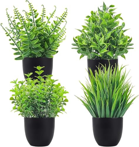 HENGBIRD 4 Pezzi Mini Piante Artificiali Verde Plastica Pianta Finta in Vaso per Casa Bagno Ufficio Tavolo Decorazione