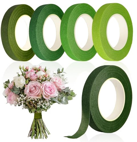 SADOKNS 5 Rollen Floristenband, Floristenkrepp aus Krepppapier Grün (5 Flora Grüntöne, Hell-Dunkel) für Blumenstrauß Stiel Verpacken, Blumenarrangements & DIY Floristik,12mm x 27m/Rolle, 135m Gesamt
