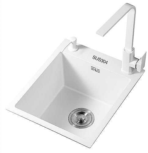 Fregadero pequeño de acero inoxidable 304 blanco para cocina, fregadero individual pequeño con grifo cuadrado, revestimiento nano, lavabo compacto para verduras para balcón o baño(32x32cm)