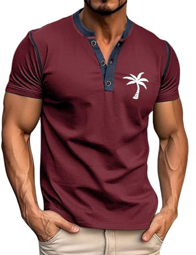 Henley Homme Tee Shirt à Col Tunisien Henley D'été Col en V Manches Courtes Vintage Hauts Chemise Couleur Unie Patte Slim Fit Décontracté Coupe Ajustée Tees T-Shirt Casual Sport