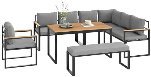 Outsunny Outdoor Eck-Gartenmöbel für 9 Personen aus Stahl mit 3 2-Sitzer-Sofas, Sessel, Bank und 1 Latten-Couchtisch, inkl. Kissen, Gartenmöbel Terrasse Patio, grau