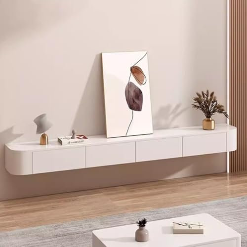 Easnuroz Meuble TV Flottant 120-300cm Tablettes TV Murales avec Porte Grand Rangement Banc TV sous Meuble TV avec Tiroirs Support Routeur(Blanc,280 * 24 * 20cm)