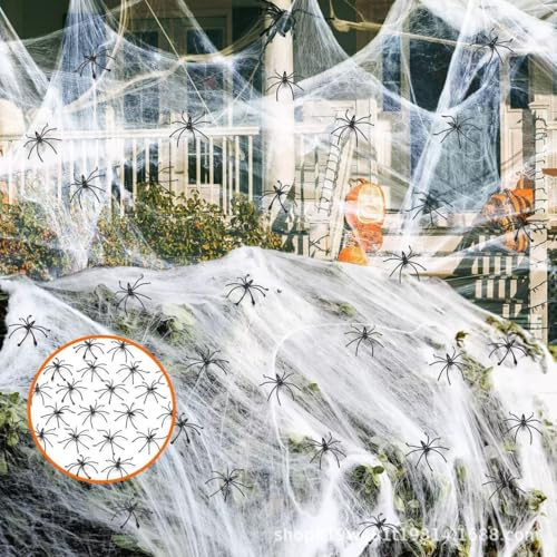 BinXiaoQin Spinnennetz Halloween Deko Outdoor 200g Spinnennetz Deko mit 40 Künstliche Spider Decoration,Spinnweben Halloween Deko,Halloween Deko Garten Fenster für Kamin,Häuser, Aussen