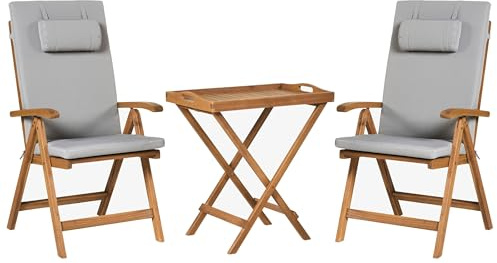 Beliani Rustic Garden Bistro Set Acacia Wood Table 2 Chairs Folding Light Grey Cushions Java Premium