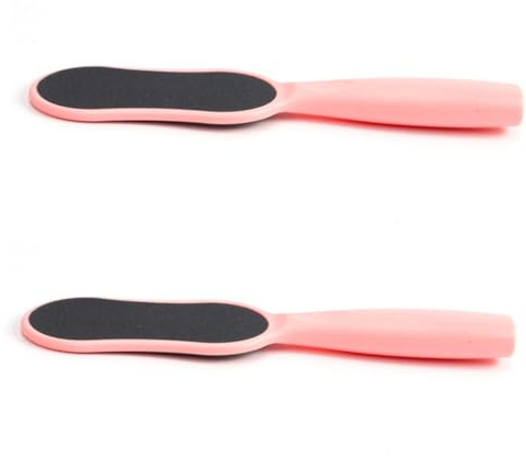 Doppelseitige Fußfeile Hornhautentferner für Hände und Fersen 2 Stück | Kunststoff mit Sandpapier, Angenehmer Griff für Hauspediküre und Dusche, Rosa Ausführung