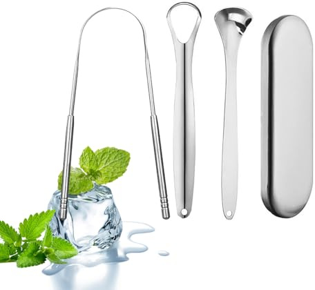 Stainless Steel Tongue Scraper 3 Pack for Adults with Case, Improve Oral Health & Fresh Breath with Ergonomic Metal Tongue Cleaner