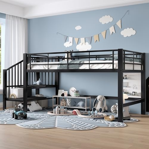 boorbin Halbhohes Hochbett 90x200 cm mit Stauraumtreppe, Kinderbett mit Integriertem Stauraum, Metall-Loft-Bett für Jungen & Mädchen, inkl. Lattenrost, Leichte Montage, Platzsparend (Schwarz)