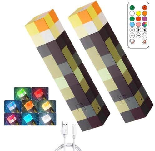 2 Stück Fackel Lampe Wandlampe Miner Craft 28cm Nachtlampe Miner Game USB Wiederaufladbare 8 Farbe LED Lichter mit Fernsteuerung Hand & Wandhalterung Beleuchtung Nachttischlampe für Kinder Geschenke