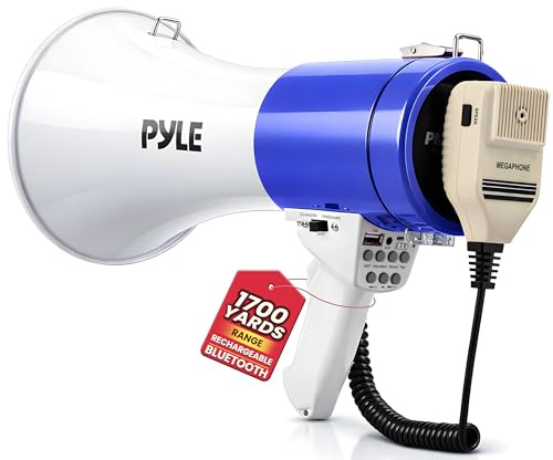Pyle 50W Megaphone Bullhorn Speaker – Portable Bluetooth, Alarm Siren, Adjustable Volume up to 1700 Yards, Aux Input, USB/TF Playback, for Indoor/Outdoor Activities, Sports, and Emergency Drills –Blue