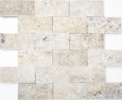 Mosaik Fliese Travertin Naturstein weißgrau Brick Splitface silber Travertin 3D für WAND BAD WC DUSCHE KÜCHE FLIESENSPIEGEL THEKENVERKLEIDUNG BADEWANNENVERKLEIDUNG Mosaikmatte Mosaikplatte