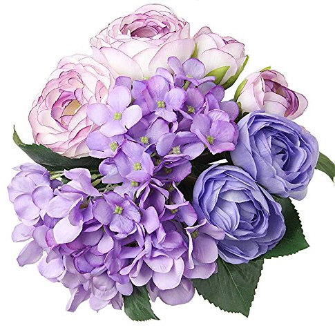 Felice Arts Künstliche Blumen, 30,5 cm, 7 Köpfe, Seide, künstliche Teerosen und Hortensien, Blumenstrauß für Hochzeit, Zimmer, Zuhause, Hotel, Party-Dekoration, Violett