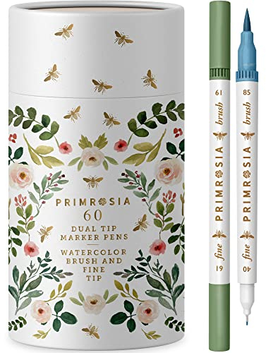PRIMROSIA 60 Dual Tip Marker Stifte, Fineliner und Aquarell-Pinselstifte für Künstler, Designer, Erwachsene, Studenten, Skizzieren, Illustration, Kalligraphie, permanenter Textmarker, Bullet Journal,