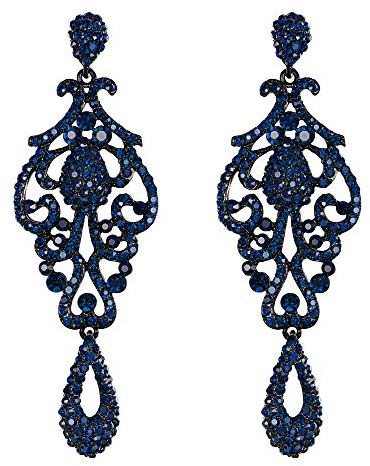 EVER FAITH Mujer Cristal Austríaco Boda Vintage Flor Patrón Ahuecado Pendientes Azul Tono Negro