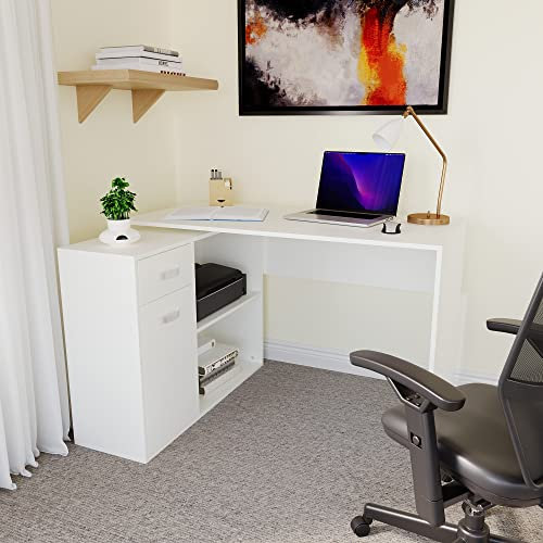 Vida Designs Longton Adjustable, L-Shaped Computer Desk with Shelves, Drawer and Door, Home Office PC/Laptop Table, Gaming Study Workstation, Furniture, White