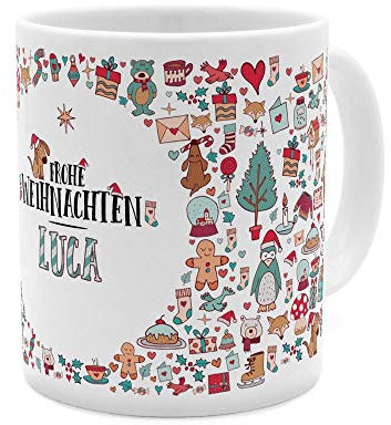 printplanet Tasse mit Namen Luca - Motiv Frohe Weihnachten - Namenstasse, Kaffeebecher, Mug, Becher, Kaffeetasse - Farbe Weiß