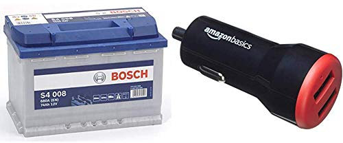 Bosch S4008 Batterie de Voiture 74A/h-680A + Amazon Basics Chargeur 2 ports USB de voiture pour appareils Apple et Android 4,8 Amp/24 W, Noir/rouge