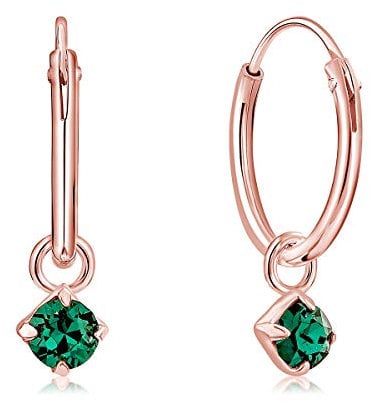 DTPsilver® 925 Sterling Silver Rose Gold Plated SMALL Hoops Earrings & Round Dangling 3 mm Crystals from Swarovski® Elements - Thickness 1.5 mm - Diameter: 14 mm - Colour : Green Emerald