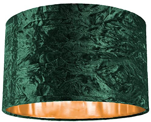 Modern and On-Trend Forest Green Crushed Velvet Fabric 14 Table or Pendant Circular Drum Lampshade with Shiny Copper Inner - 60watt Maximum | Perfect for Residential or Commercial by Happy Homewares