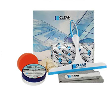 Box Technoglass 80 gr -Pasta levigatrice vetro e ceramica -125 ml con Tergivetro, Guanti, Protezione vie Respiratorie, Spugna, Microfibra - Trattamento anticalcare permanente Box Doccia e Vetri Auto