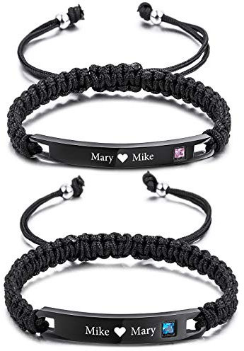 VIBOOS Personalisiertes Armband Gravierter Name Datum Für Frauen Männer Freund Freundin Paare Benutzerdefinierte Fußkette Mit Verstellbaren Handgefertigten Geflochtenen Seilen Edelstahl Tag Liebhaber