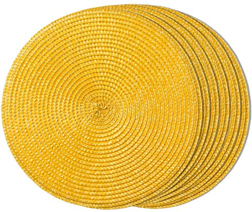 FunWheat Round Braided Placemats Set of 6 Place Mats for Dining Tables Woven Washable Non-Slip Table mats Small 13 inch(S Yellow, 6pcs)