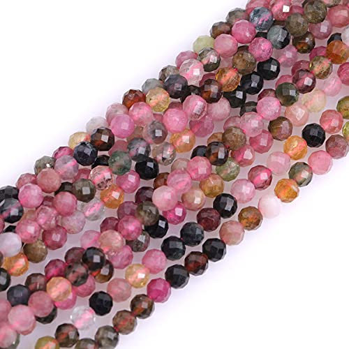 Gem-Inside 3 mm mehrfarbiger Turmalin, natürlicher Edelstein, facettiert, rund, Halbedelstein, lose Rocailles-Perlen für Schmuckherstellung, 38,1 cm Strang