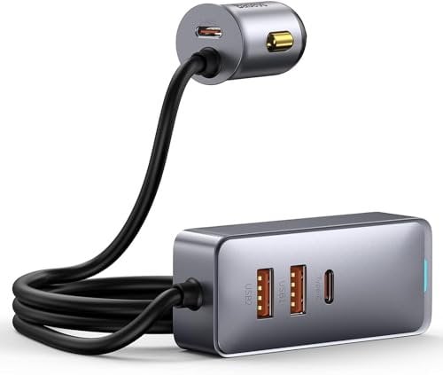 USB C Car Charger, Baseus 120W Fast USB Car Charger, QC3.0 & PD 3.0 Dual C Ports Fast Charging Car Adapter with 5ft Extension Cord Compatible for iPhone, Galaxy, iPad Pro, Laptop and More