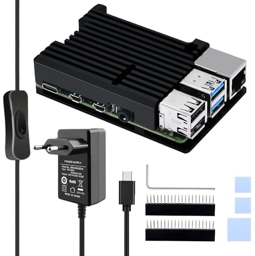 GeeekPi Raspberry Pi 4 Gehäuse mit 5V 3,6A USB-C Netzteil EU-Stecker, Raspberry Pi CNC Armor Case mit passiver Kühlung/Wärmeableitungskühlkörper für Raspberry Pi 4B