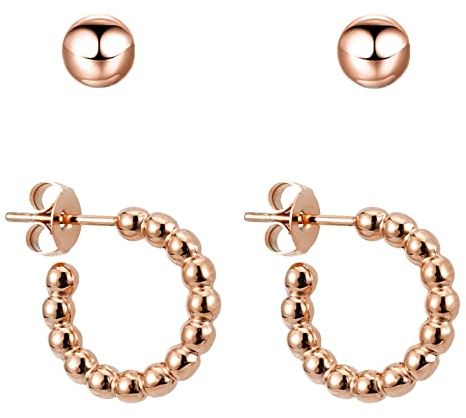 BONNYBIRD® Creolen Rosegold Klein Mini Set Kreolen Ohrringe Edelstahl Damen Ohrstecker mit Kugeln 15mm Wasserfest Schmuck Frauen Hypoallergen Chirurgenstahl Medizinisch Nickelfrei