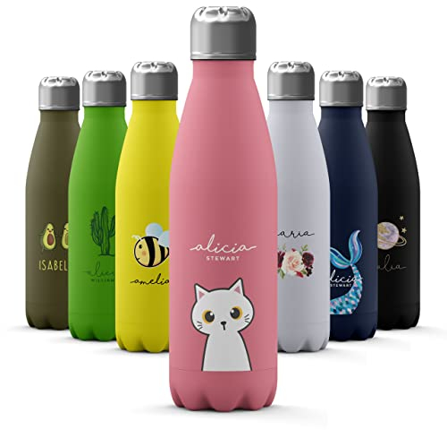 Tirita Personalised Water Bottle - Thermal Travel Flask for Hot & Cold Drinks - Insulated Stainless Steel Bottle - Gym, Office, School Drink Bottles - 500ml water bottle [23- Cat Kitten Kawaii Name]