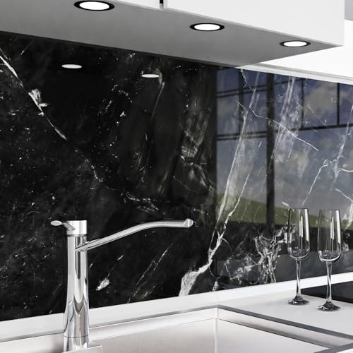 danario Küchenrückwand selbstklebend - Glasoptik - Spritzschutz Küche - versteifte PET Folie - 0,8 mm - Marmor schwarz - 60cm x 340cm