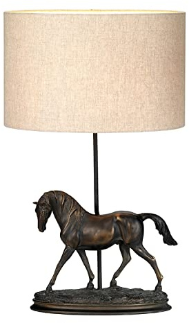 Licht-Erlebnisse Tischleuchte mit Schirm Jute Resin in Bronze antik Natur 65,5 cm Pferd E27 Nachttischlampe