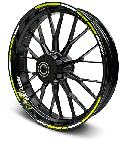 Felgenrandaufkleber Komplett Set RS Design 20-teilig inkl. Felgenbettaufkleber passend für 15 ″ 16 ″ 17 ″ Zoll für Motorrad Auto Fahrrad zweifarbig MR016 (Neon gelb)