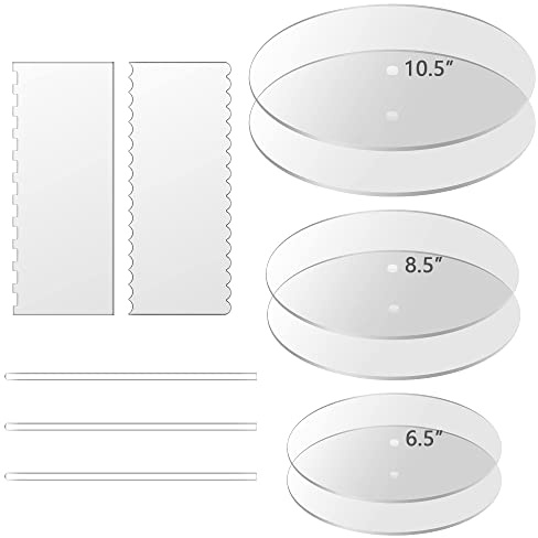 Boyun Acrylic Round Cake Disk Set, Comb Scrapers, Dowel Rods, Icing Smoother for 3 Tier Cakes (6.5+8.5+10.5)