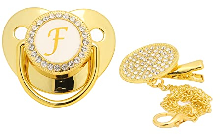 RiToEasysports Baby-Schnuller, Gebogenes Design 26-Buchstaben-Schnuller mit Clips Goldener Baby-Schnuller für 6 Bis 18 Monate Baby(F) Fütterung