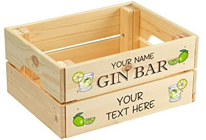 Personalised Gin Crate Gift Box - Rustic Wooden Pine Storage Bottle Boxes with Handles - Treat Hamper for Him Her - Drinks Accessories Home Bars Pubs - Gifts for Gin Lovers - WC-Gin