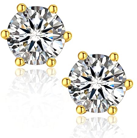 MomentWish Moissanite Ohrstecker Gold 585, 1 Karat/5 mm Goldene Ohrringe Damen mit Stein Hypoallergene Echt Silber Geschenk für Frauen Mama-6 Prong