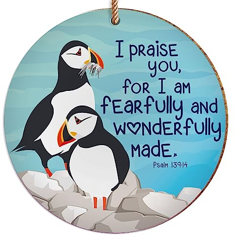 Christian Hanging Decoration or Coaster, Scripture, Puffins | Christian decorations for the home; religious ceramic ornaments; baptism, confirmation or birthday gift; Bible verse plaque
