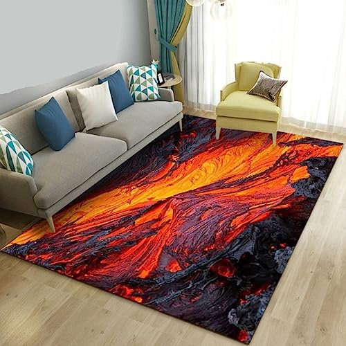 TIKLO Vulkan Lava Magma 3D-Flächenteppich Groß, Teppich Teppich Wohnzimmer Schlafzimmer Sofa Fußmatte Dekoration, Kinderspiel rutschfeste Bodenmatte 80X150cm