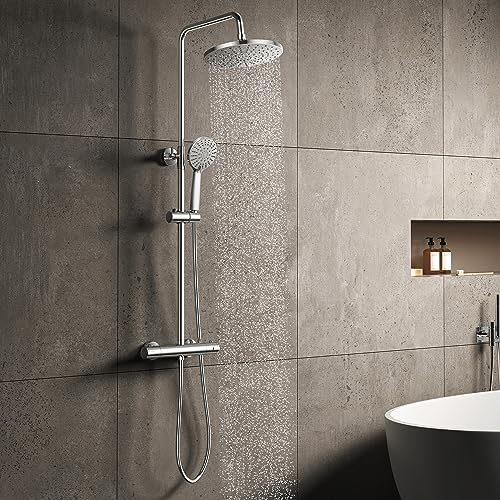 KOMIRO Duschsystem mit Thermostat, 23 x 23 cm Regendusche, 5 Strahlarten Handbrause, Duscharmatur Thermostat, Duschstange Edelstahl Regenwalddusche Komplett für Duscheset, Chrom, 1699-2253-P23