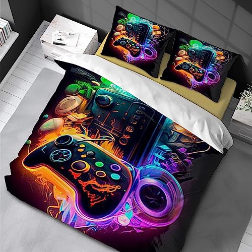 Gamepad Bettwäsche 135 x 200cm Game Controller Bettbezug Set Videospiel Action Buttons Motiv Startseite Schlafzimmer Dekor Teens Jungen Mädchen 3 teilig Bunt drucken aus Weiche Mikrofaser