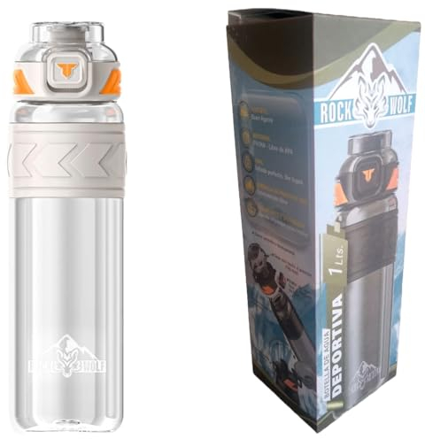 ROCK WOLF 1000 ml Botella de Agua Deportiva - Botella de Agua Motivacional sin BPA & Prueba de Fugas - Botella Tritan de 1 Litro para Gimnasio, Running, Niños (Blanco)