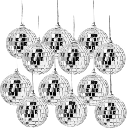 wordmouk 12 Stück Disco Spiegelkugeln 6cm Silber Disco Spiegel Ball Glitzer Kleine Discokugel Deko zum Aufhängen Reflektierende für Weihnachtsbaum Hochzeit Party Geburtstag Dekoration Lichteffekt