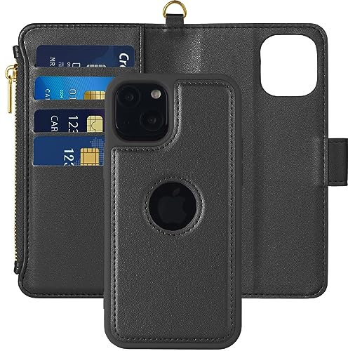 Vkooer Wallet Case for iPhone 15 Pro Max 6.7 inch, (2in1) Flip Foldable Cover Premium PU Leather [Detachable Magnetic] [RFID Lock] Magnetic Protective Case with Zipper Card Case - Black